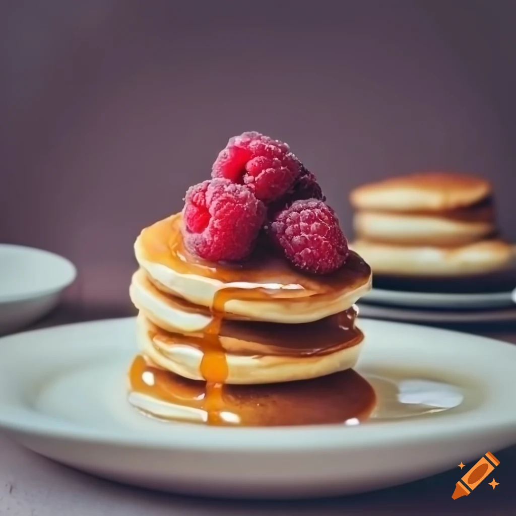 Stack of fluffy pancakes with caramel sauce and raspberries on white plate