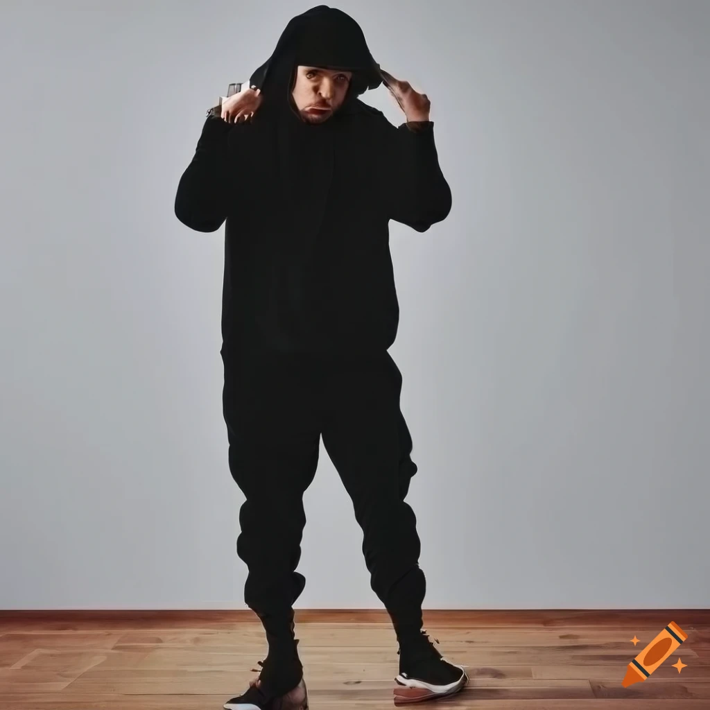 Young man in black hoodie and sweatpants in urban setting on Craiyon