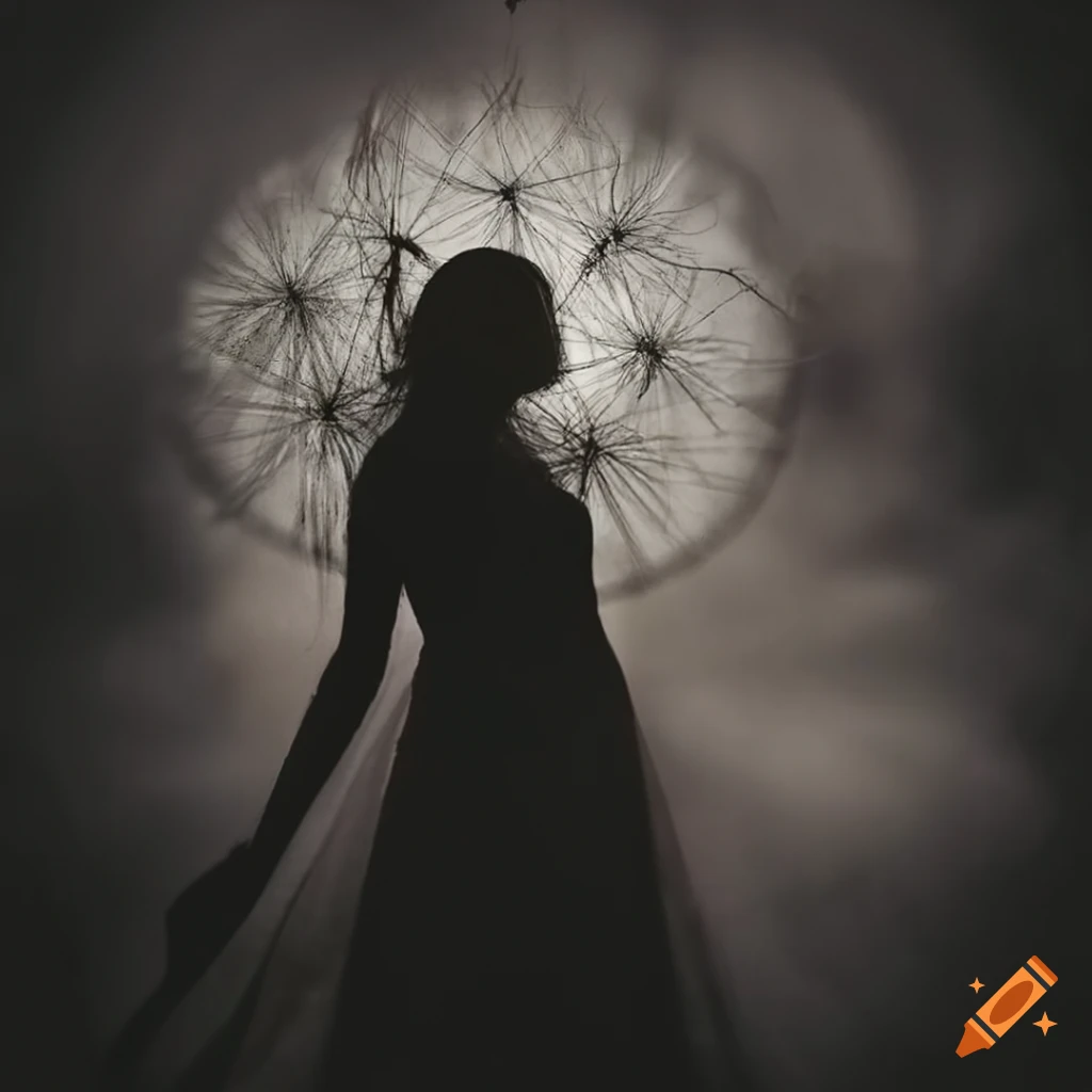 Silhouette of a woman holding a large dandelion in misty fog on Craiyon