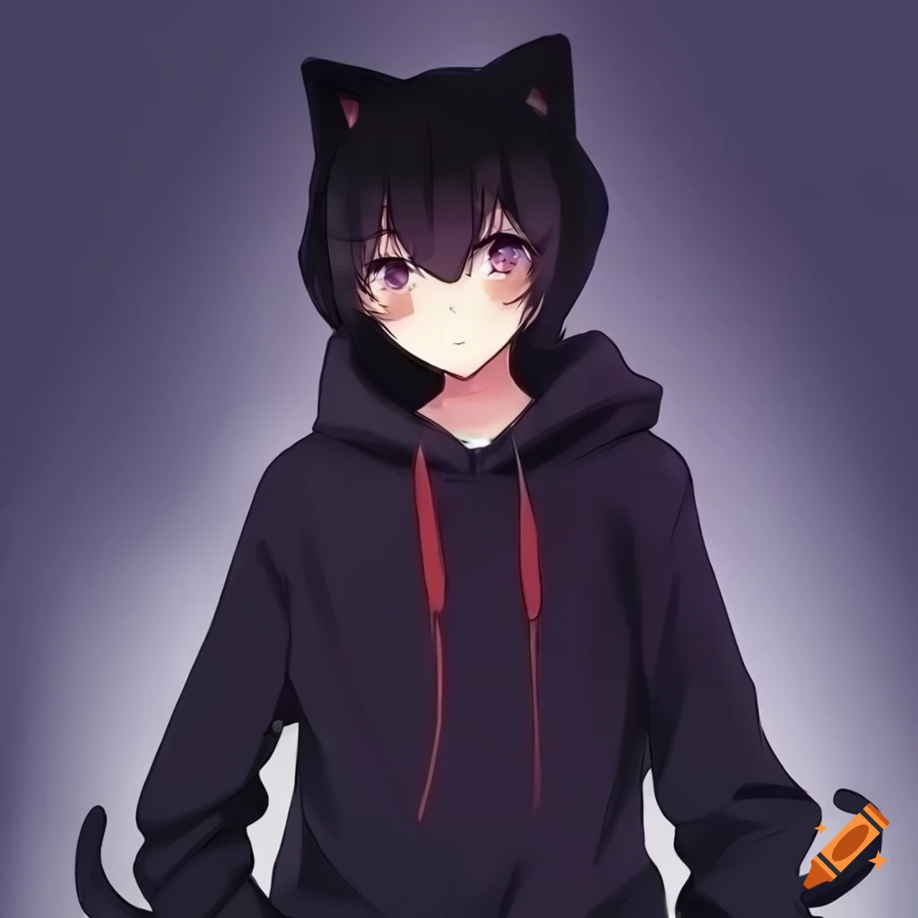Cute anime catboy in a black hoodie on Craiyon