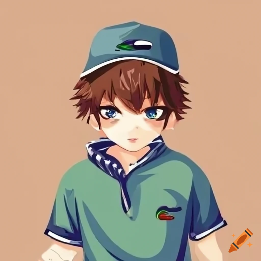 Anime boy with brown hair wearing a Lacoste cap