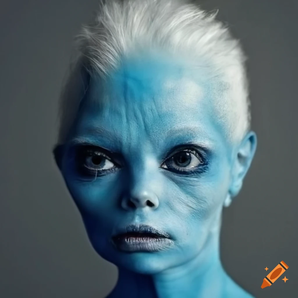 Portrait Of A Blue Skinned Humanoid Alien Woman With White Wavy Hair On Craiyon 0346