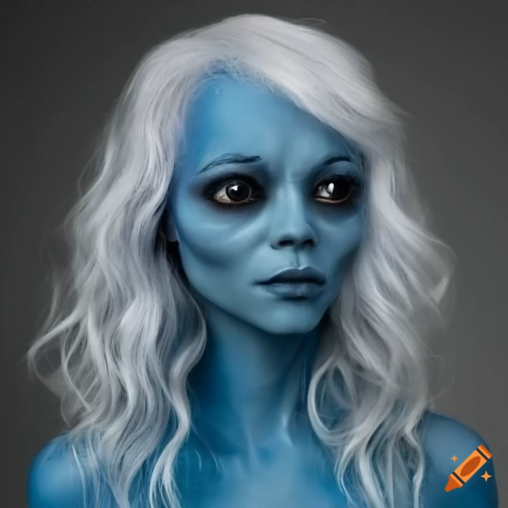Blue Skinned Humanoid Alien Woman With White Wavy Hair And Square Jaw On Craiyon 