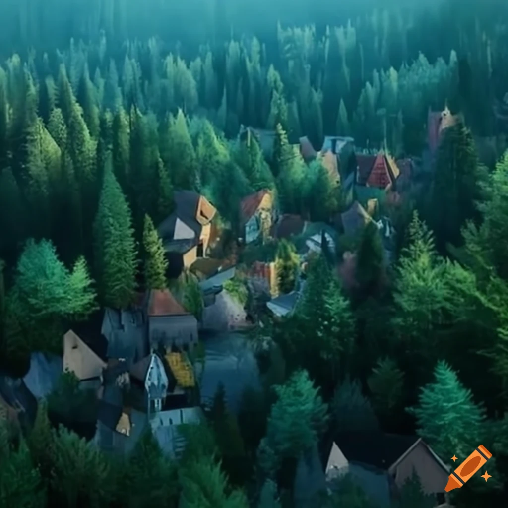 Small town integrated into a forest on Craiyon
