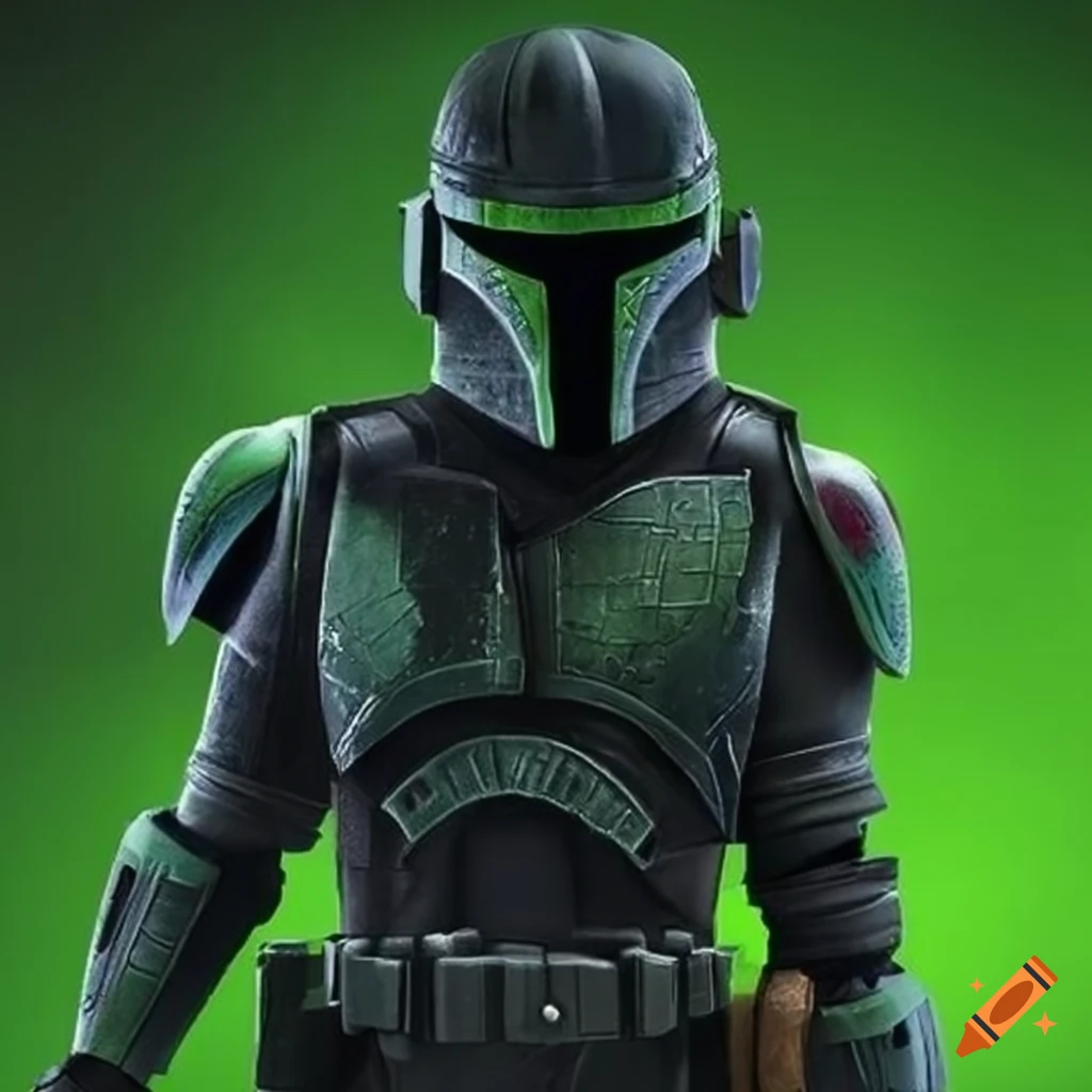 Mandalorian wearing black and green helmet