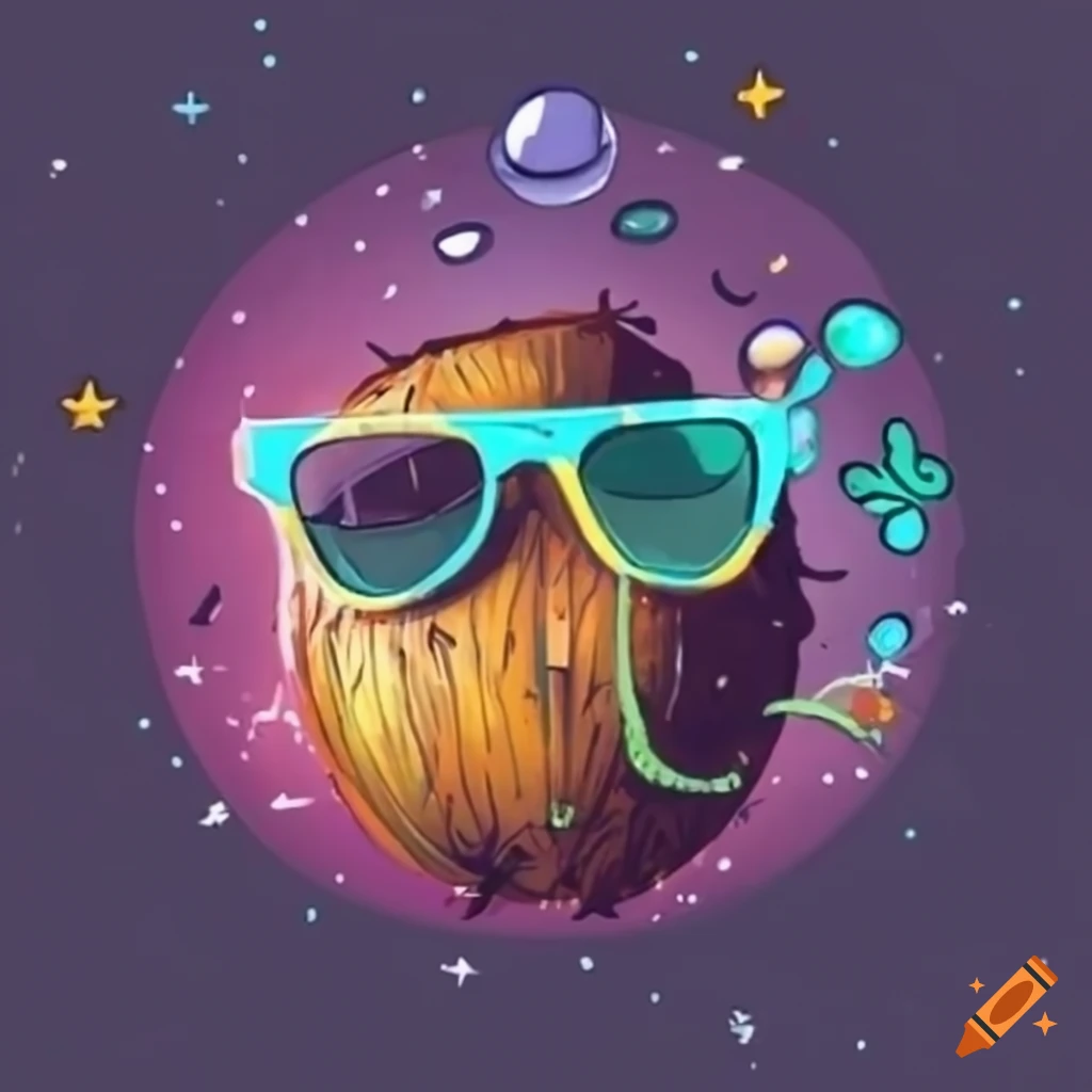 Coconut with sunglasses in space illustration on Craiyon
