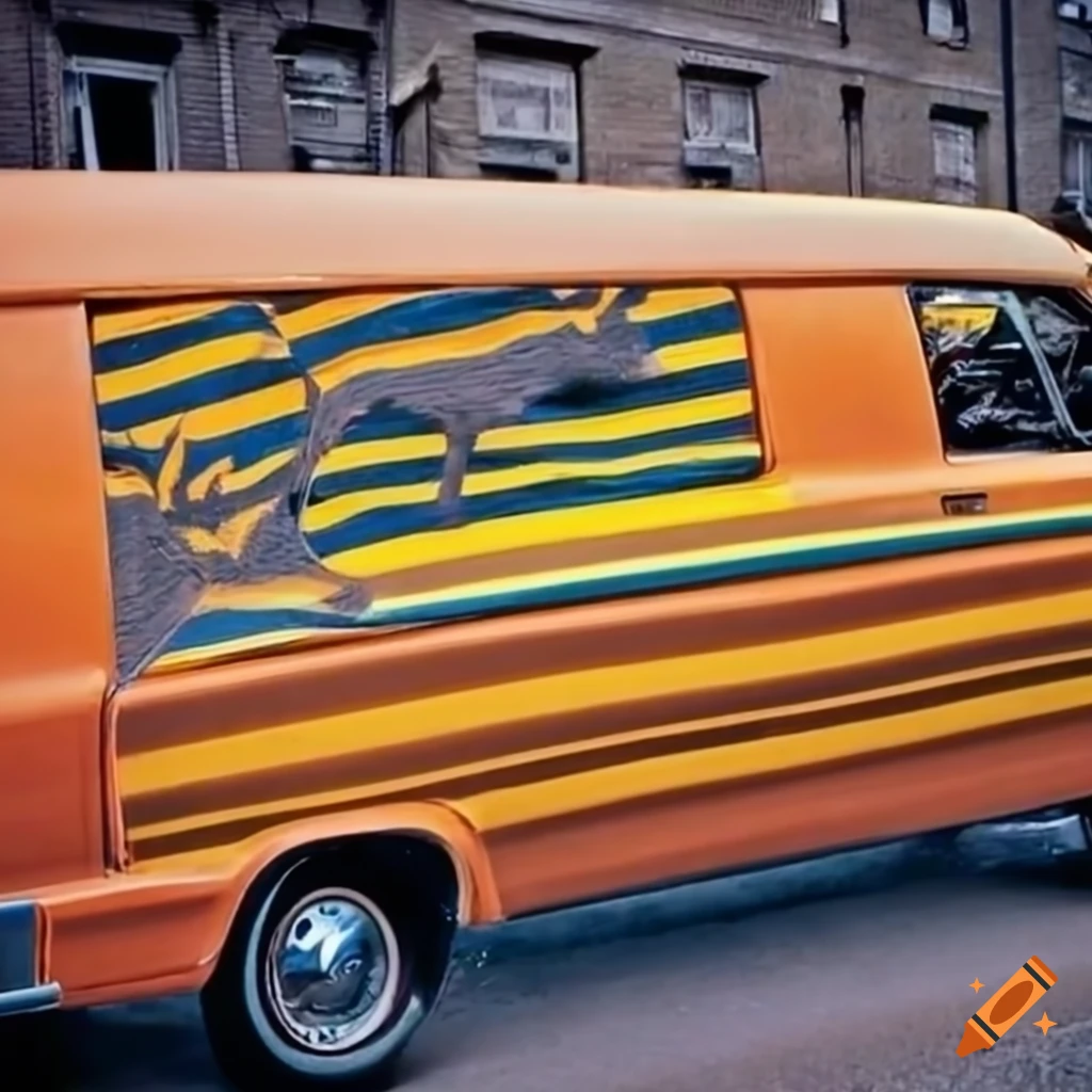Vintage 1970s van with deer silhouette and colorful stripes
