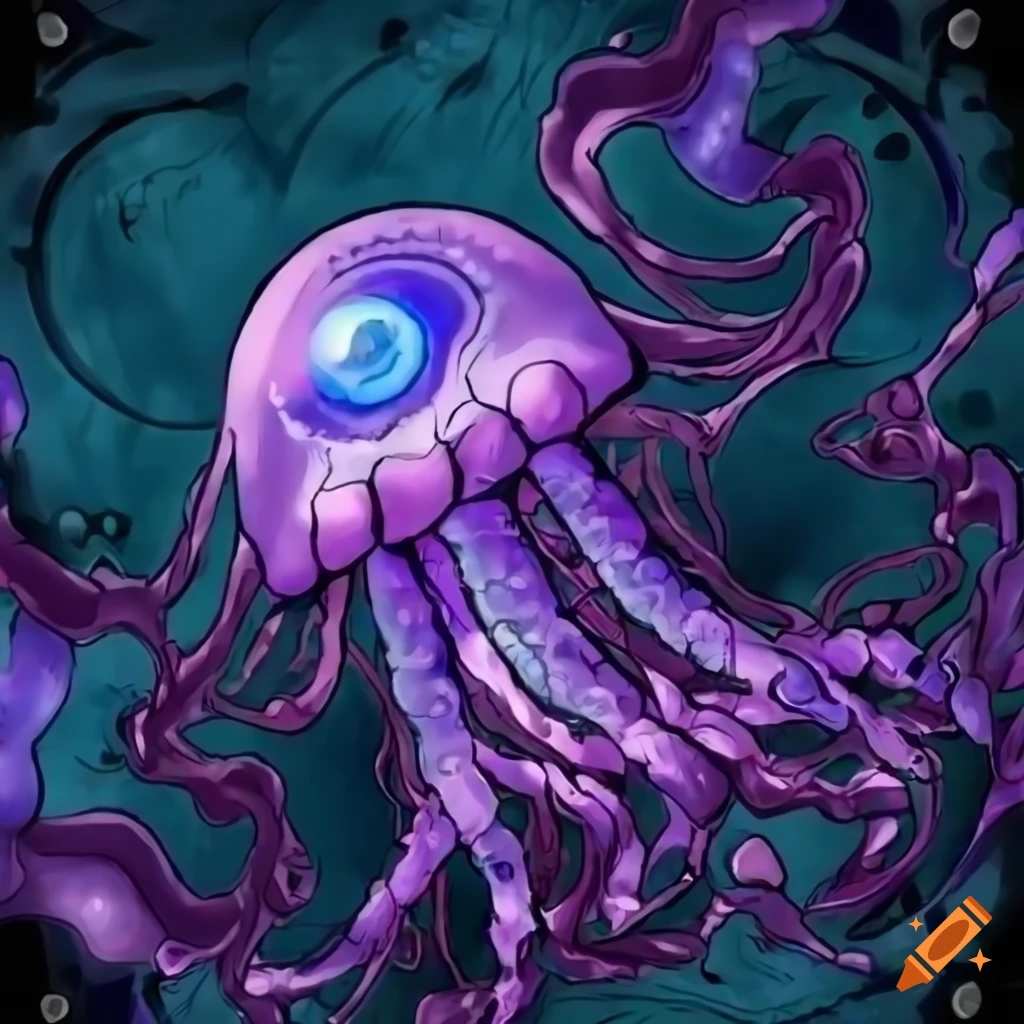 Purple jellyfish with single eye in clear blue ocean in yugioh art