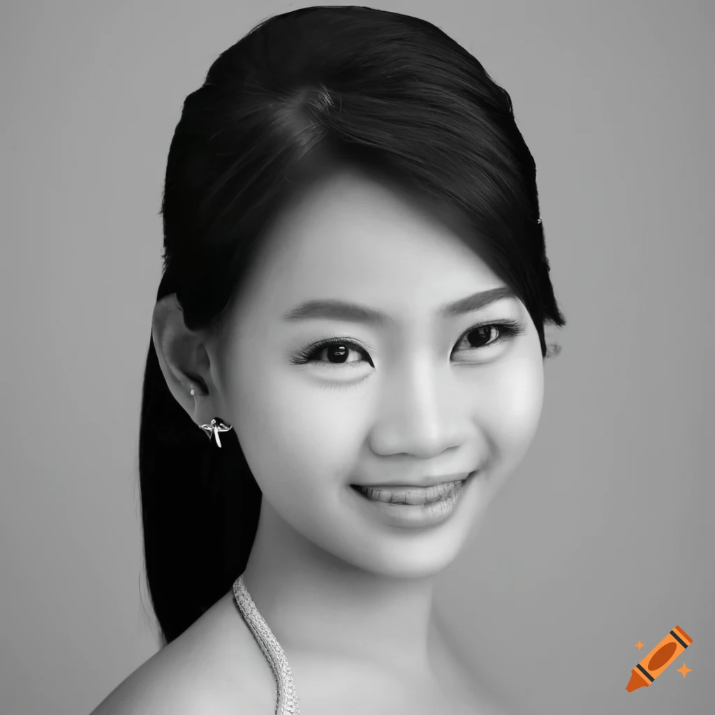 Black and white passport photo of a thai woman on Craiyon