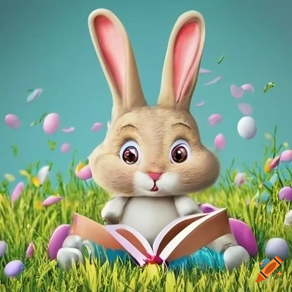 Easter bunny reading a book to children on craiyon