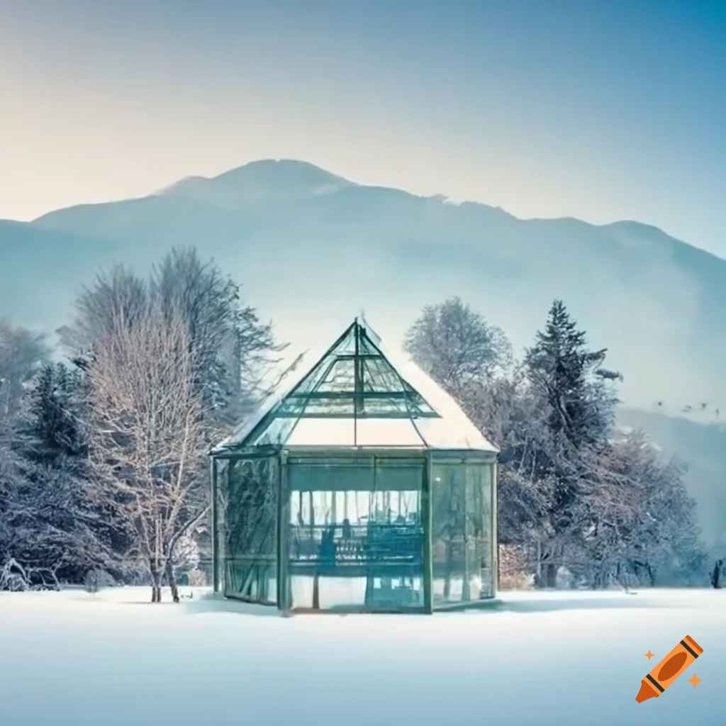 Small greenhouse with tropical plants in snowy winter landscape