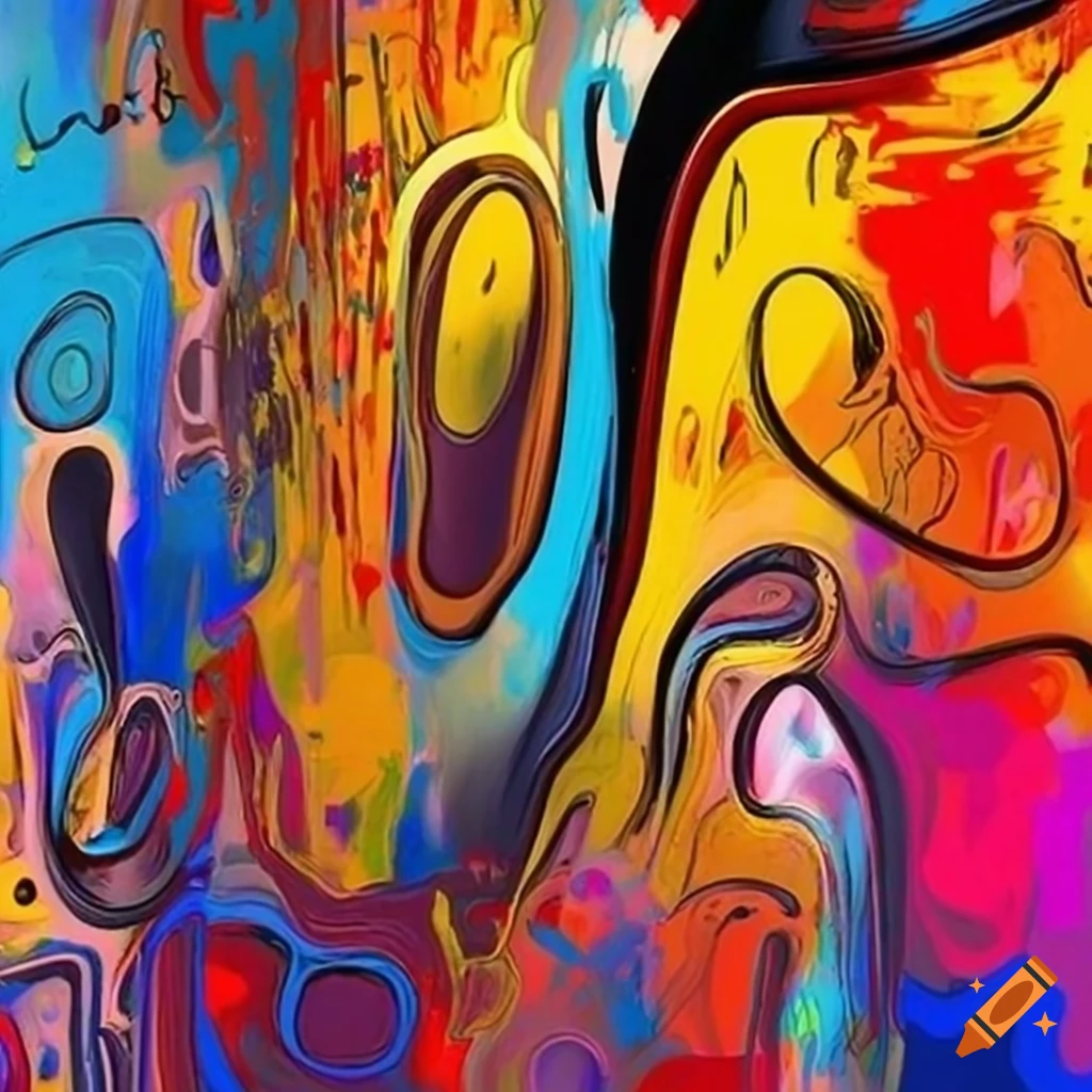 Abstract painting with vibrant colors, graffiti, and textured patterns