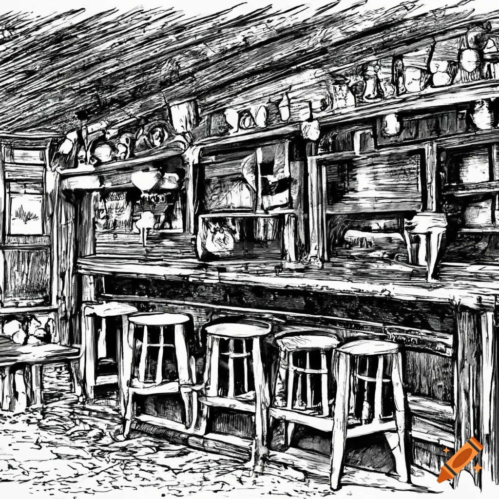 Black and white sketch of a western pub interior with a pool table and vintage stained glass light