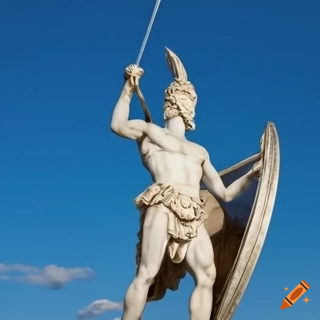 Marble statue of Greek warrior with helmet, sword, and shield against sky and clouds