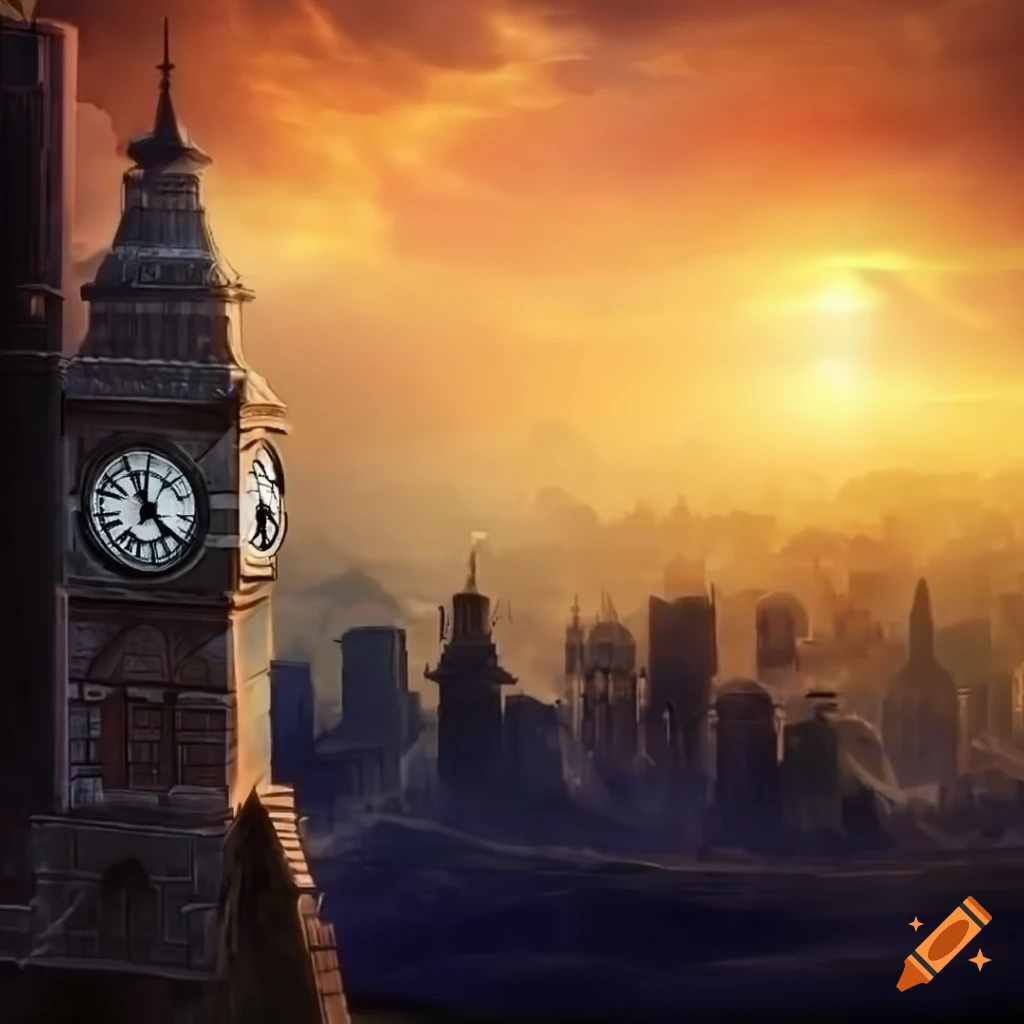 Clocktower overlooking a fantasy cityscape on Craiyon