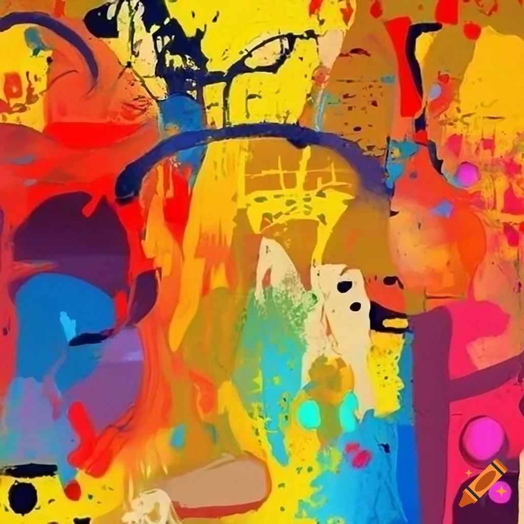 Abstract painting with vibrant colors, graffiti, and textured patterns