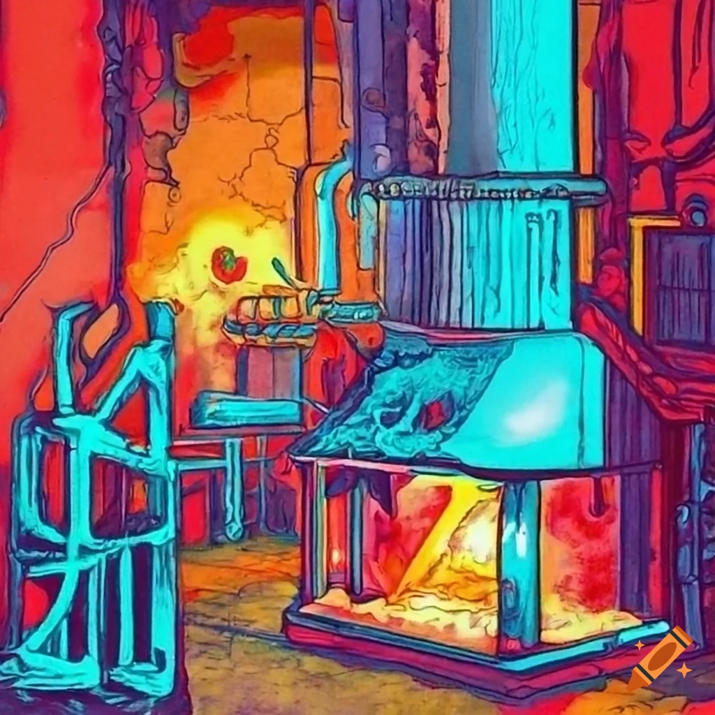 Basement furnace etching in the style of Durer