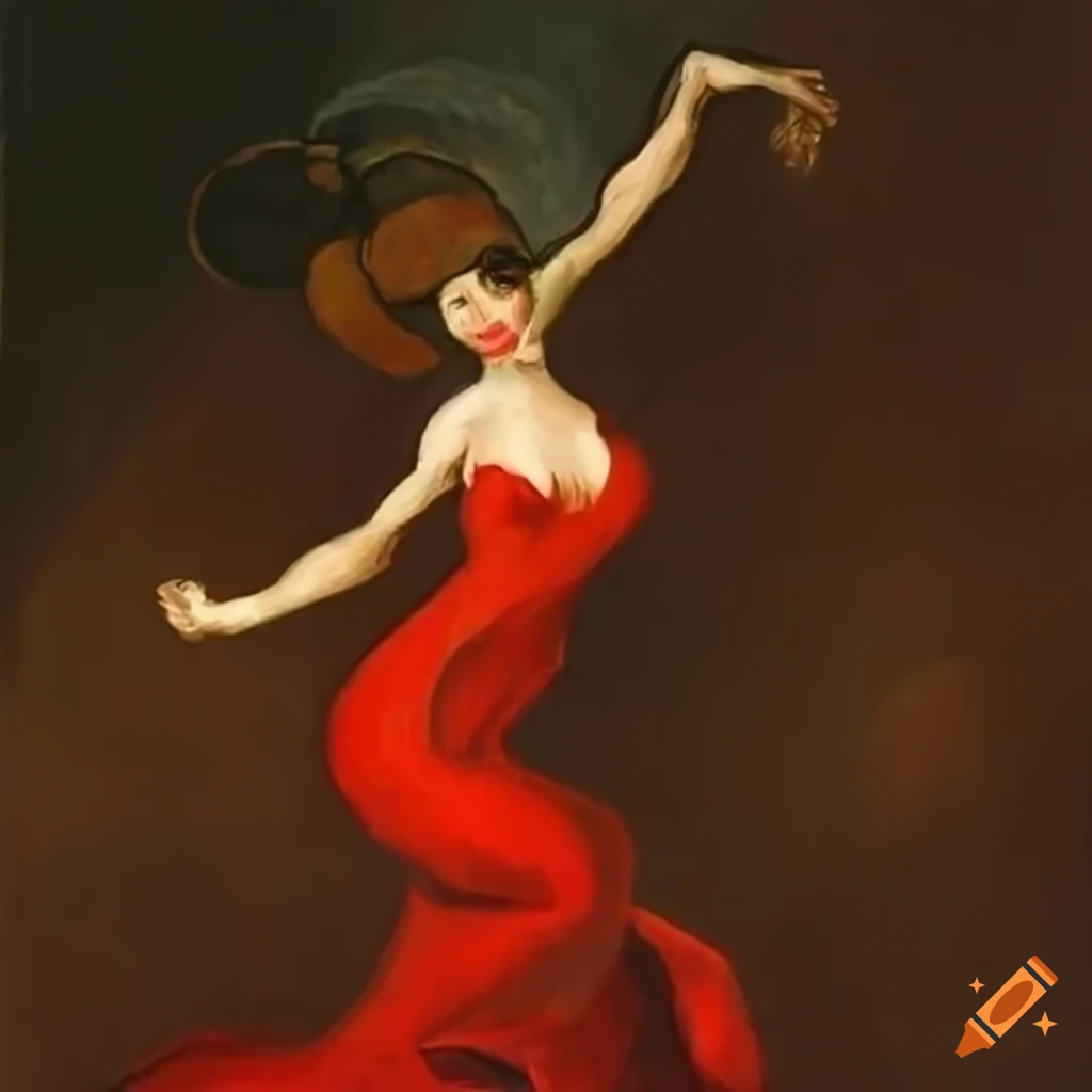 Woman in red dress dancing in a Wild-West rodeo scene inspired by multiple artists