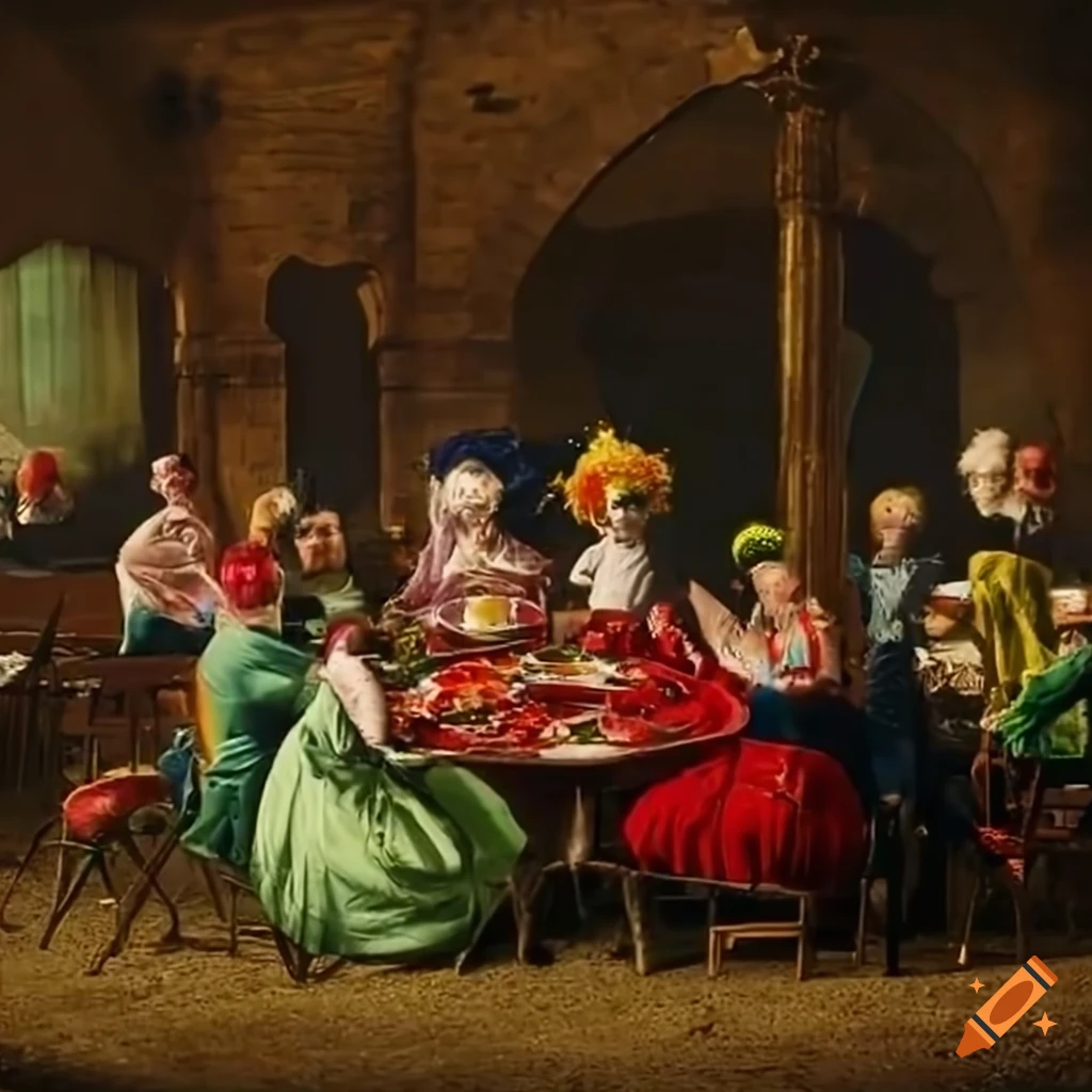 Outdoor garden lunch with elegantly dressed people seated at large tables