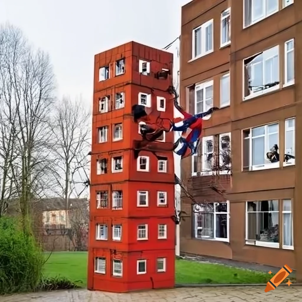Spider-Man themed climbing frame with surrounding apartment buildings