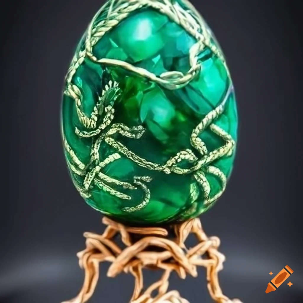 Emerald dragon egg in moonlight with reflection and knotwork design