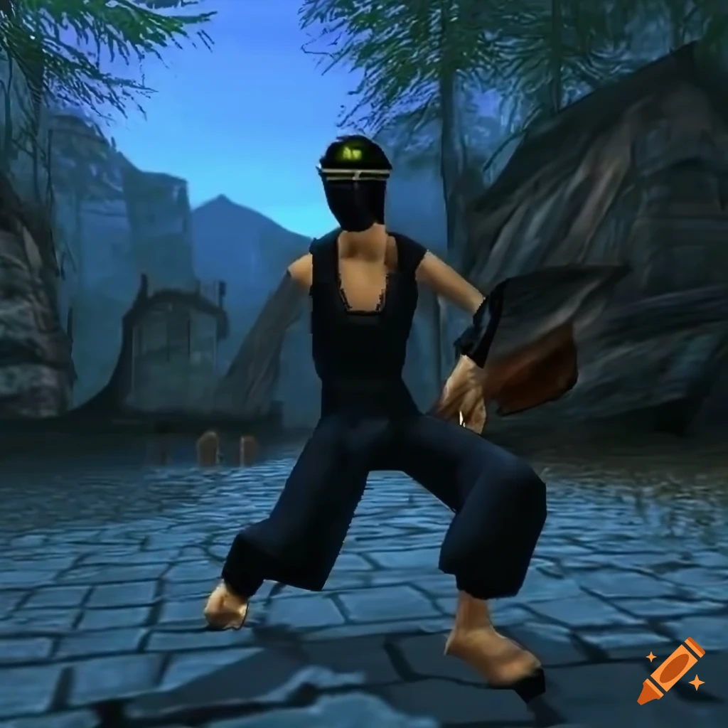 Surrealistic court with full height ninja in PS1 game style