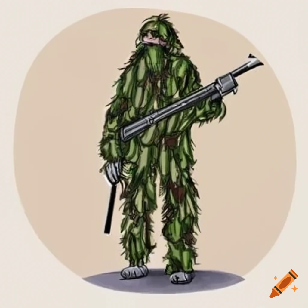 Cartoon man in ghillie suit with a gun