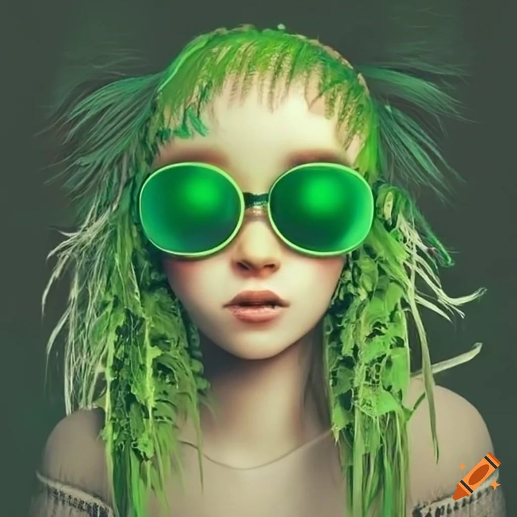 Unconventional girl with wide green sunglasses and plantlike hair on
