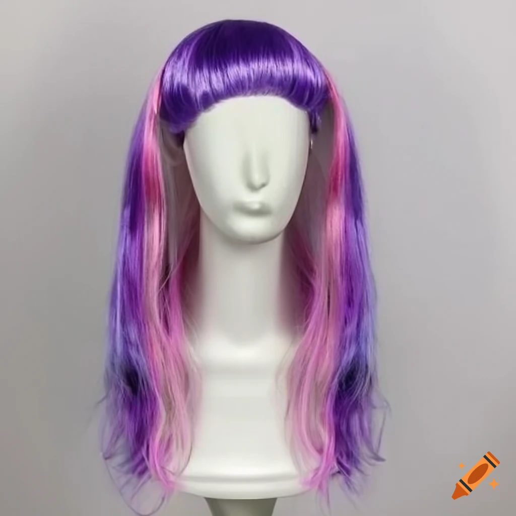 Pink, silver, and purple striped wig on a mannequin