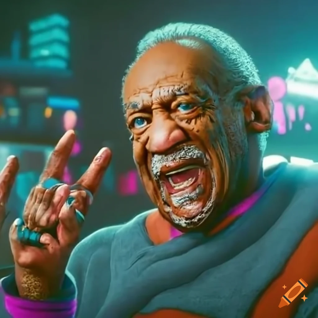 Satirical image of bill cosby and bill nye in the world of cyberpunk