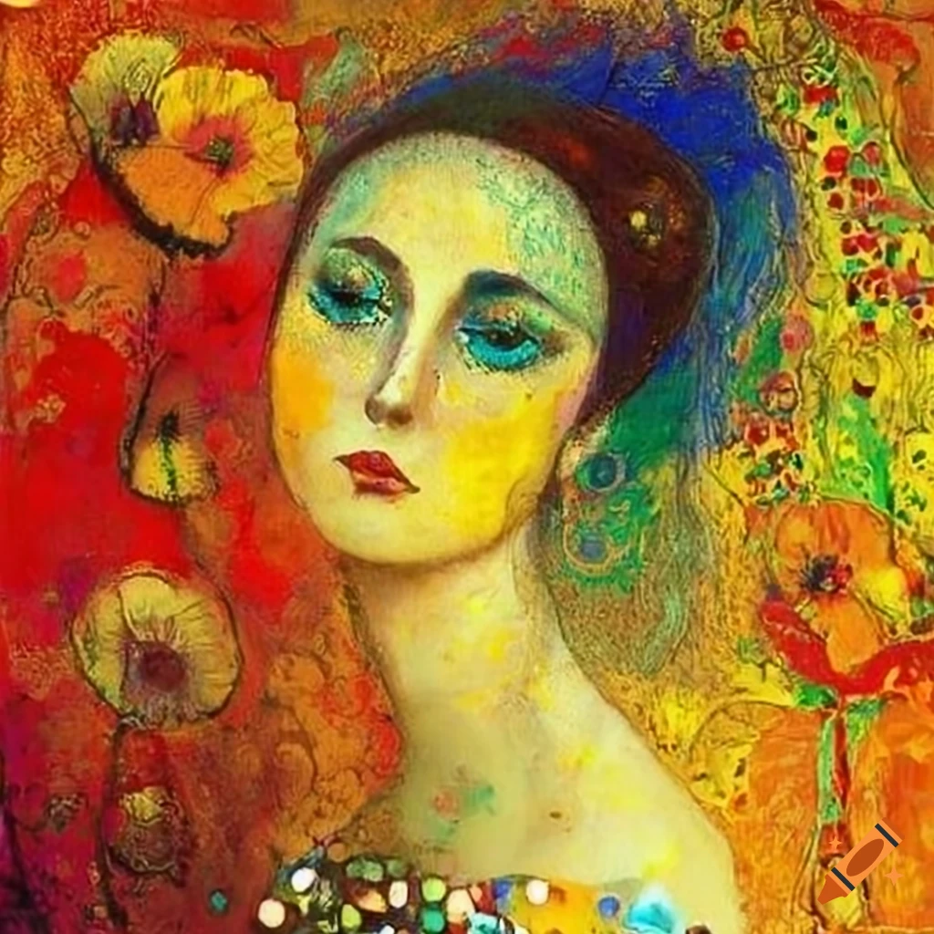 Colorful abstract art with yellow poppies and woman in graphic form on ...