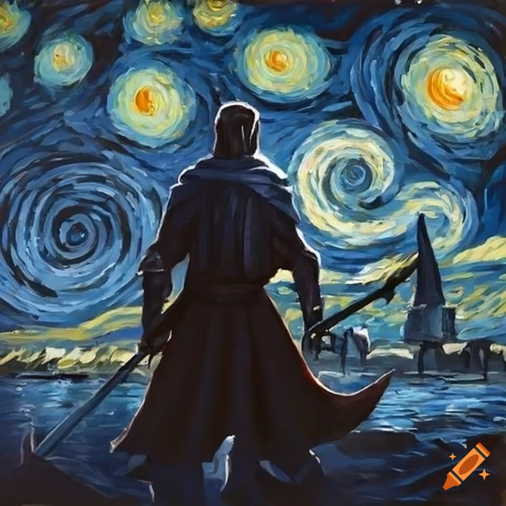 Swordsman's shadow added to the Starry Night painting