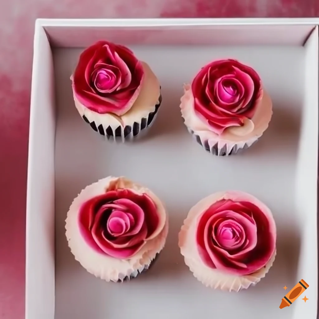 Four cupcakes in a white box with pink and red buttercream roses