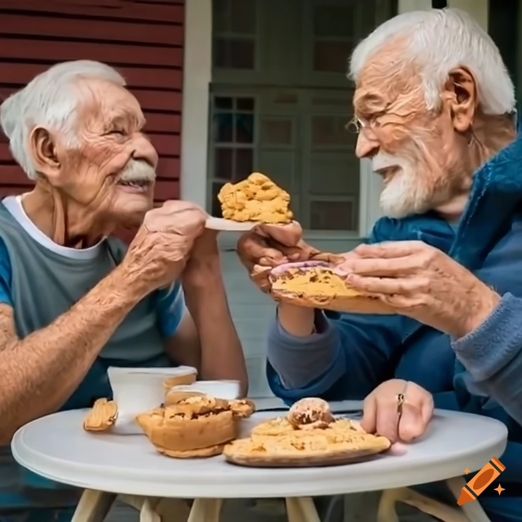Senior grandfather feeding warm cookies to his grandchildren on the porch