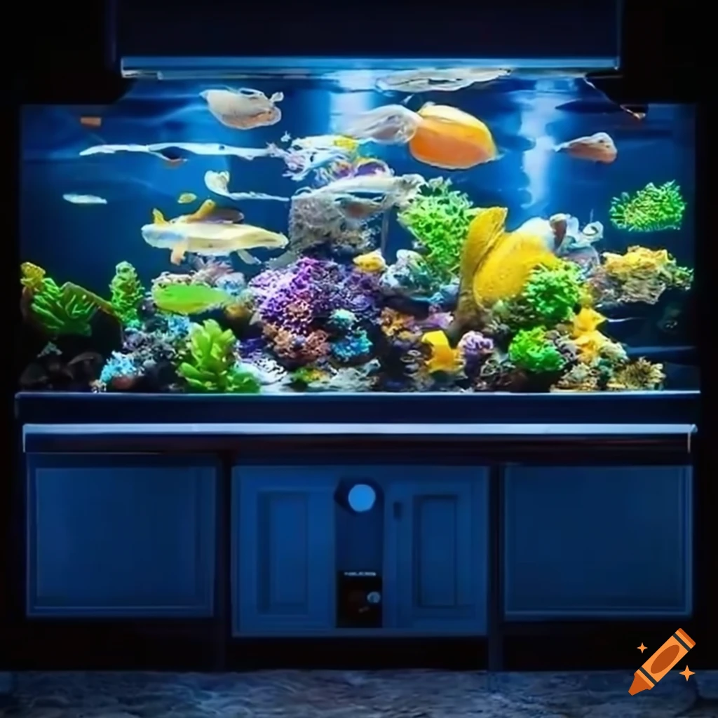 Vibrant 90gallon saltwater aquarium with exotic fish and coral on Craiyon