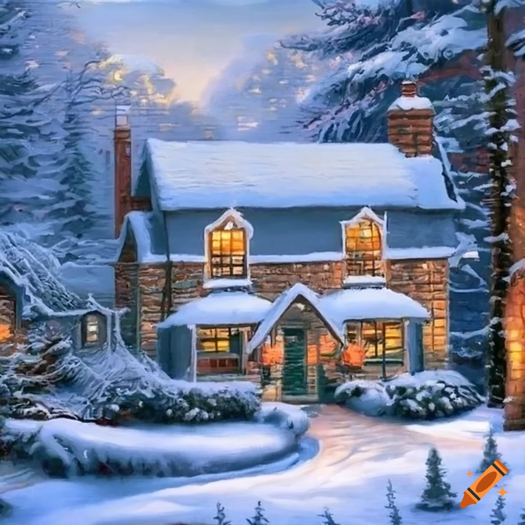 Winter cottage in the style of thomas kinkade on Craiyon