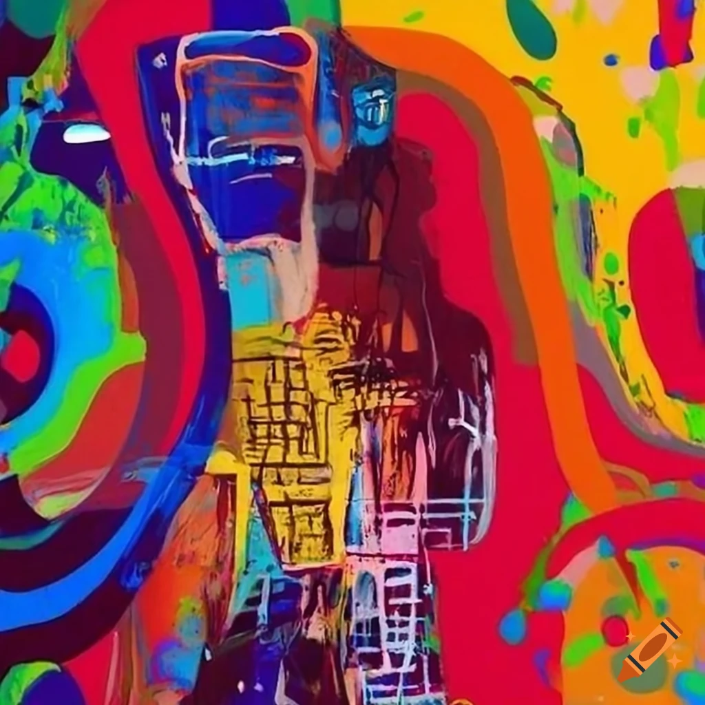 Abstract painting with vibrant colors, graffiti, and textured patterns