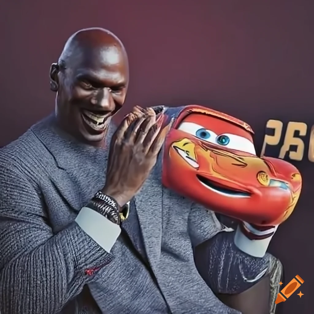 Michael jordan greeting lightning mcqueen in a cars movie celebration