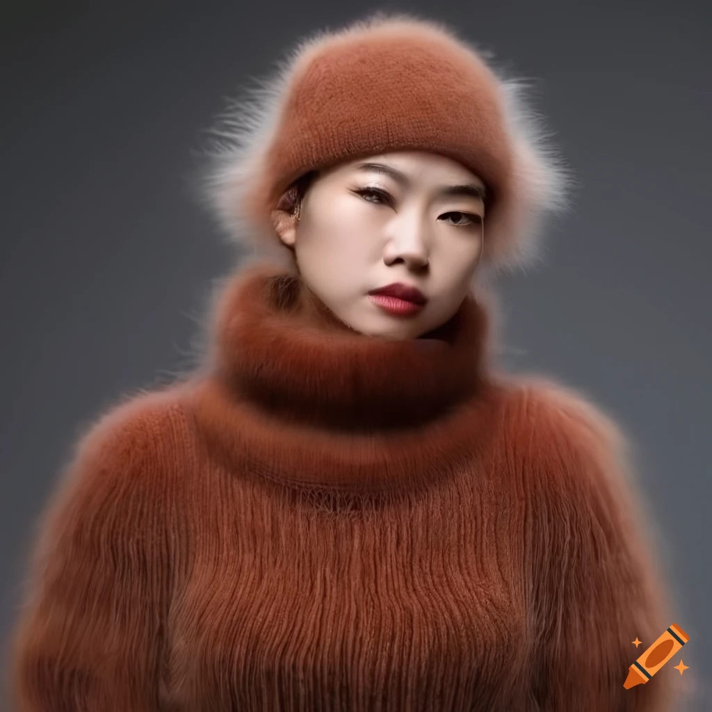 Fluffy mohair turtleneck sweater and bulky angora hat worn by an Asian lady