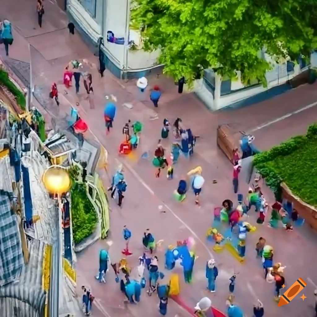 Kids playing in the street from a bird's eye view