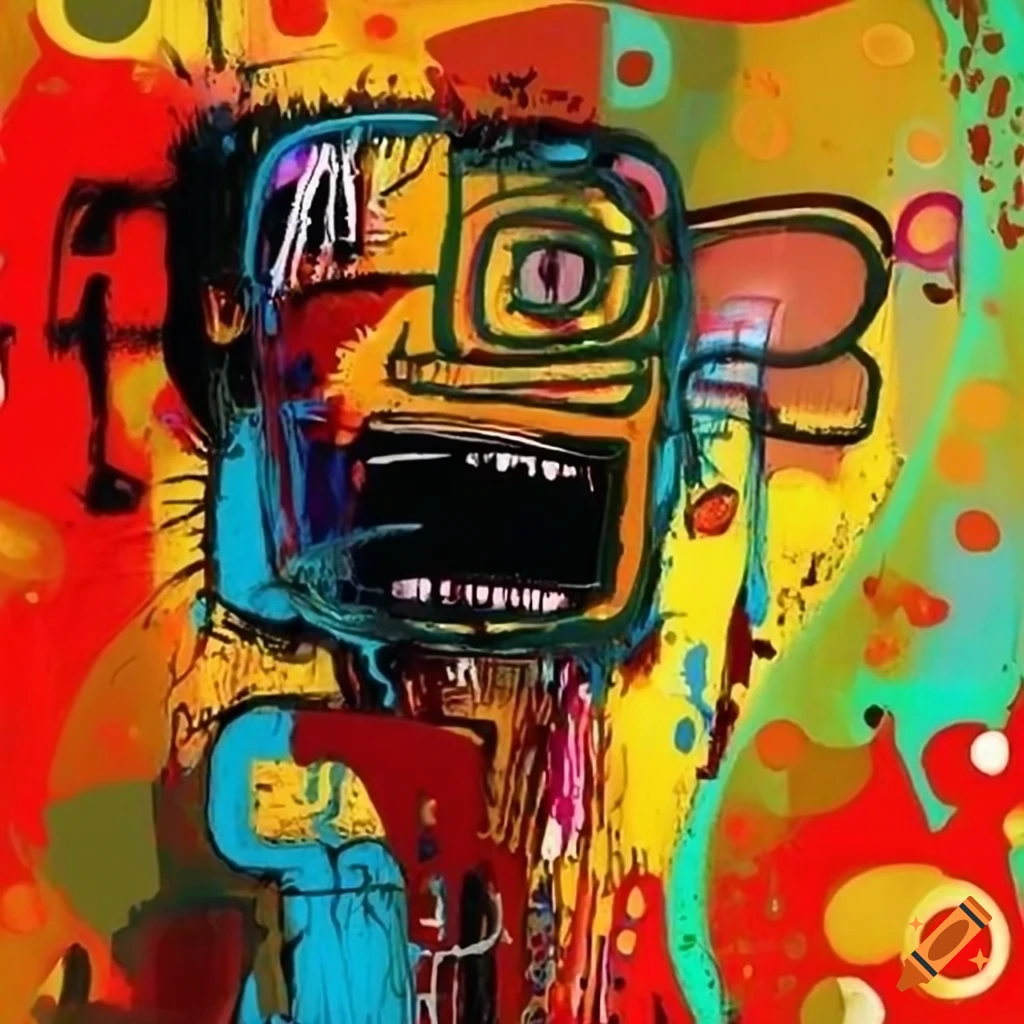 Abstract painting with vibrant colors, graffiti, and textured patterns