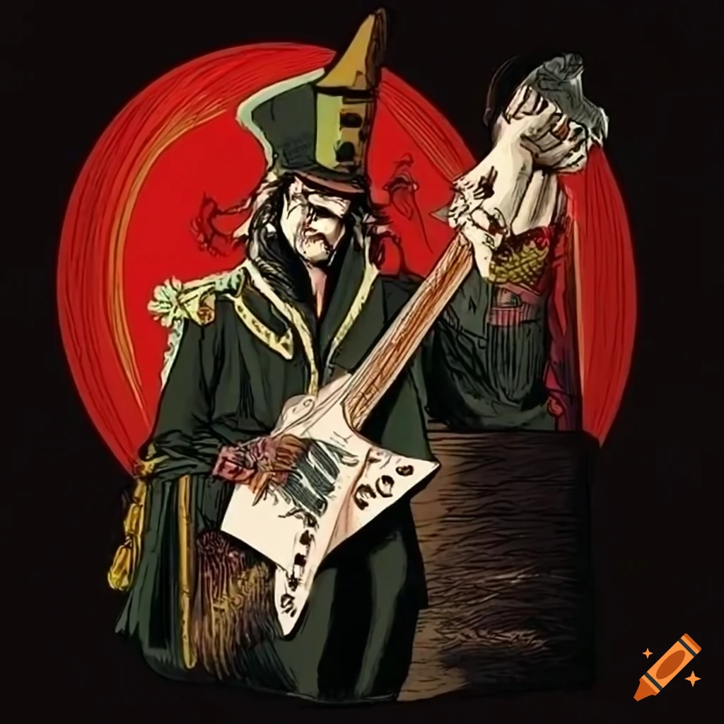 Drawing in the style of Eddie from Iron Maiden holding a flying V guitar on an anvil