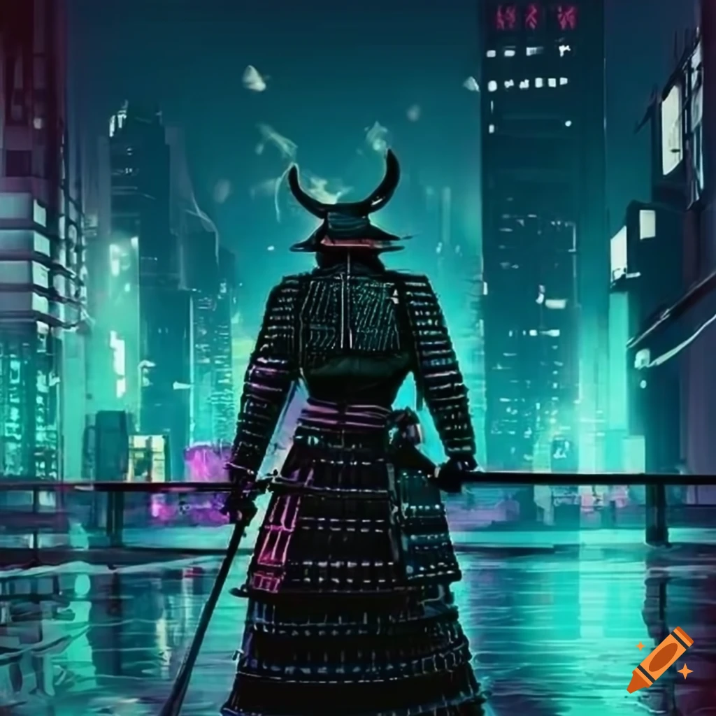 Black samurai in a cyberpunk city at night on Craiyon