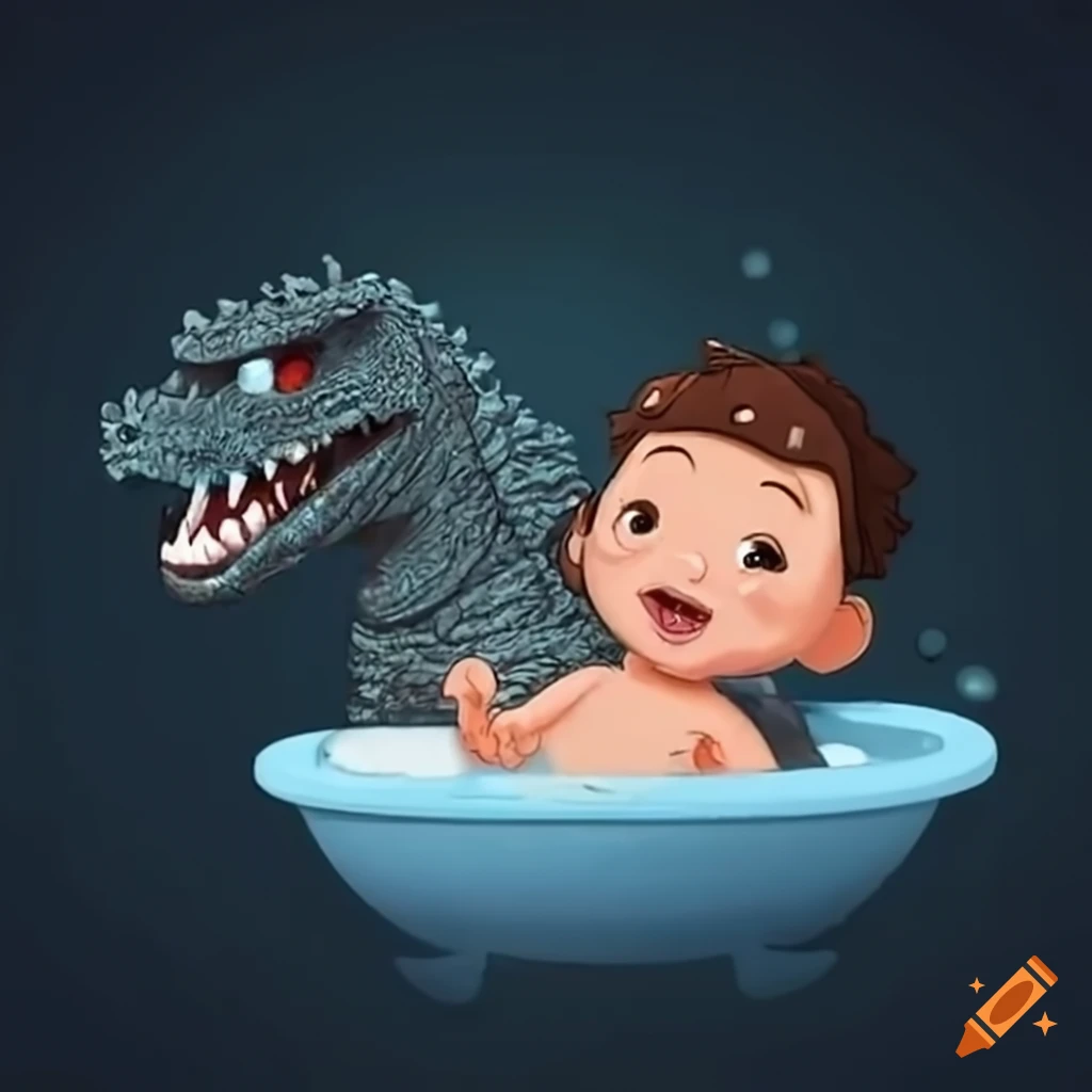 Happy young Dad giving his infant son a bubble bath while Toho Godzilla attacks