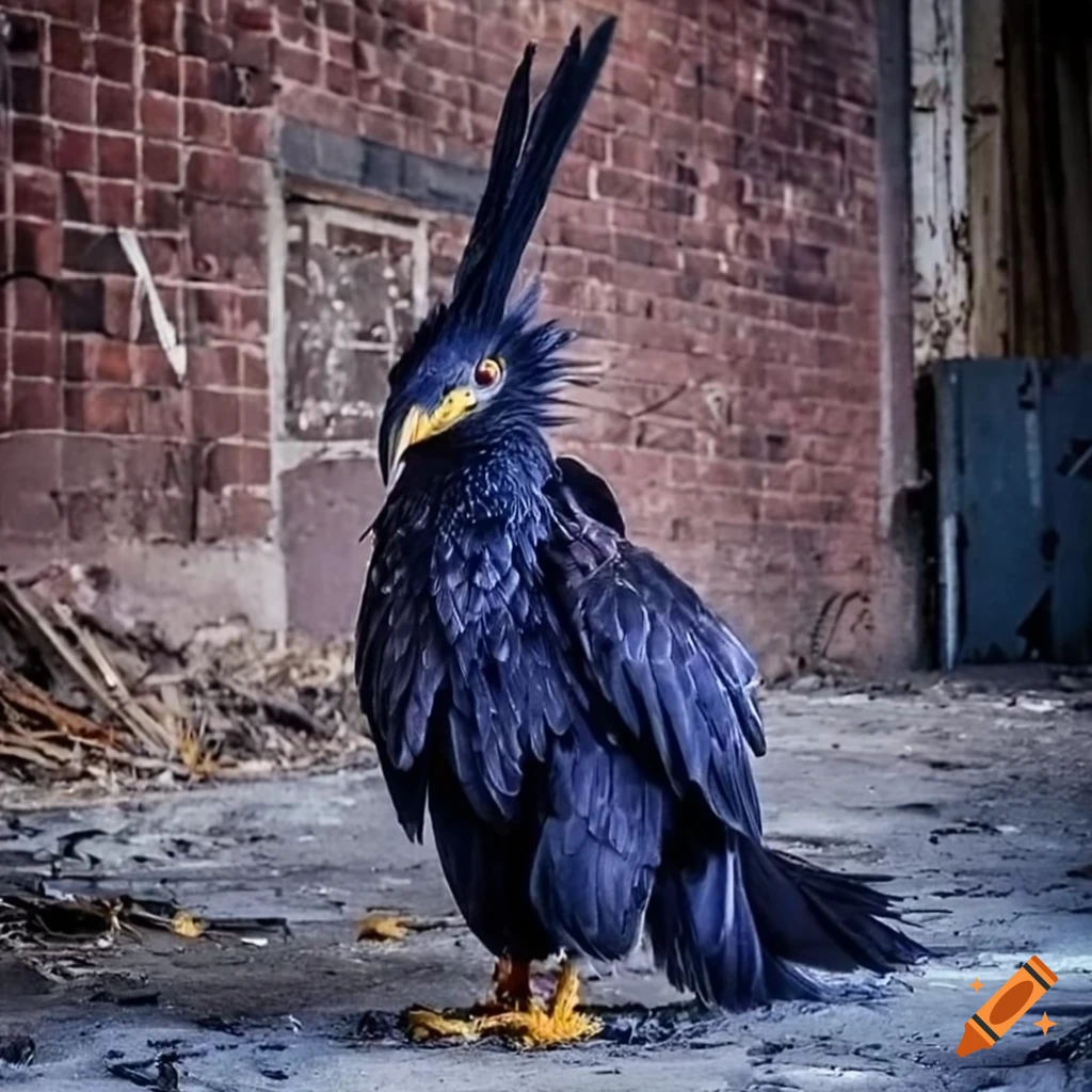 Giant black feathered Xatu bird perched in abandoned mall garage at night