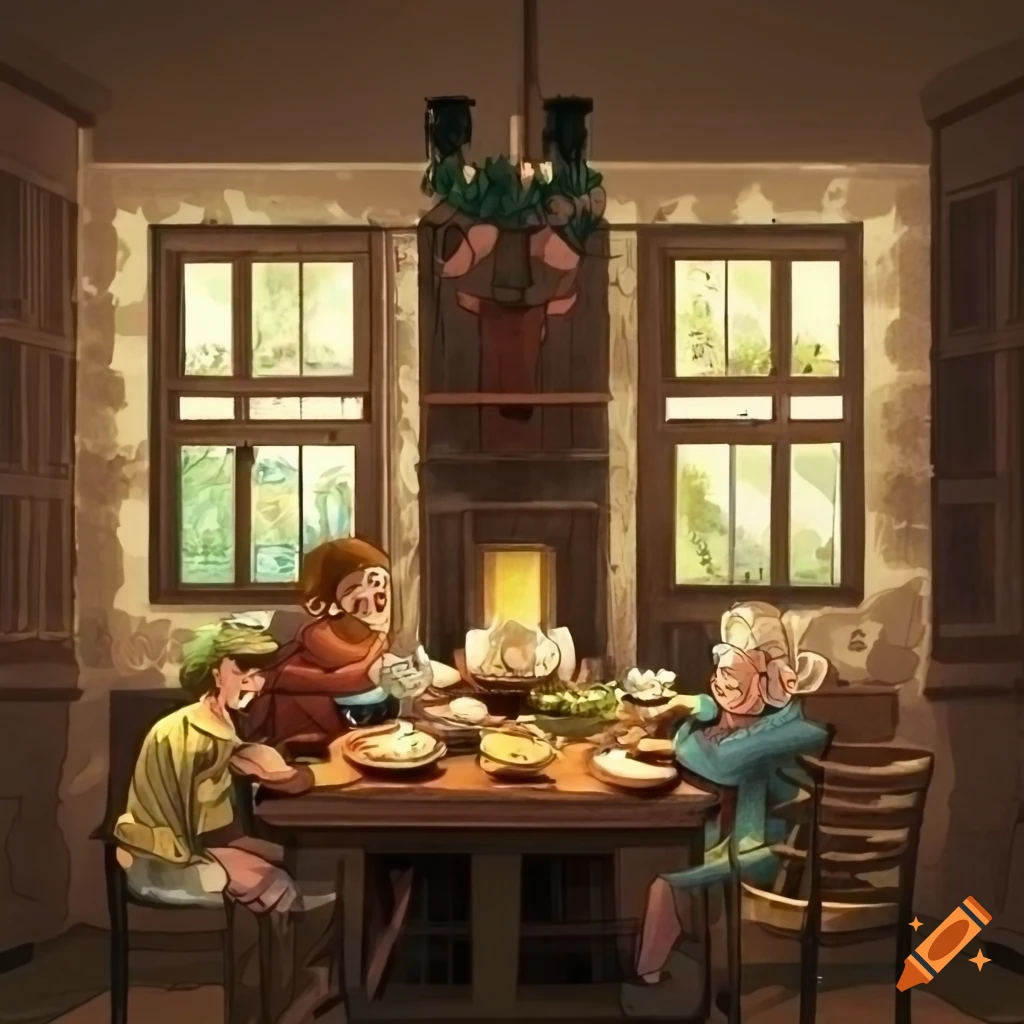 Family at dining table in an old farm house with centered window in