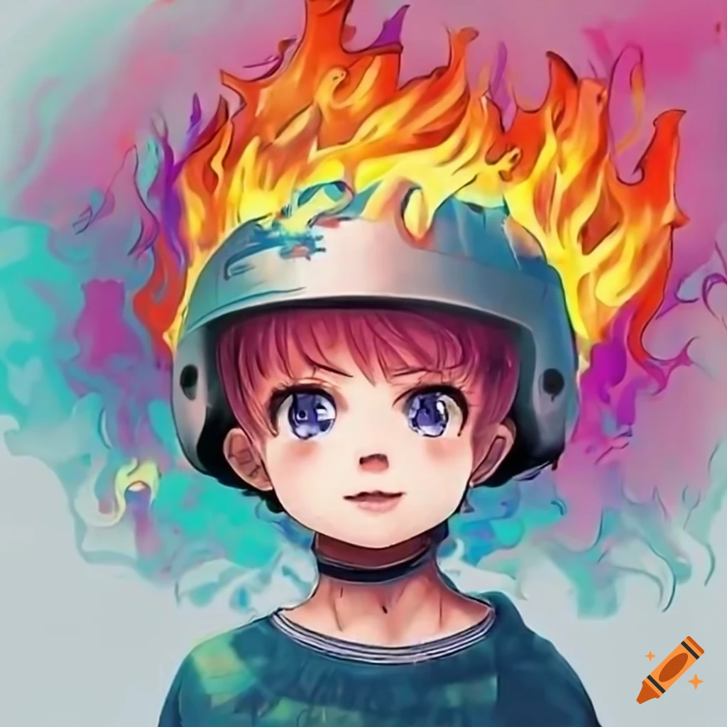 Adorable child with fire on head wearing a fire hair helmet on Craiyon