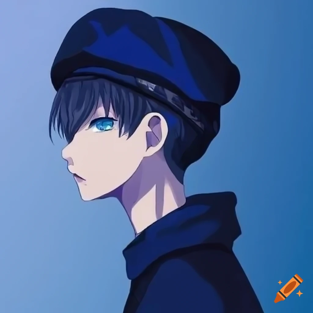 Charming anime boy with black hair, beret, and blue shirt