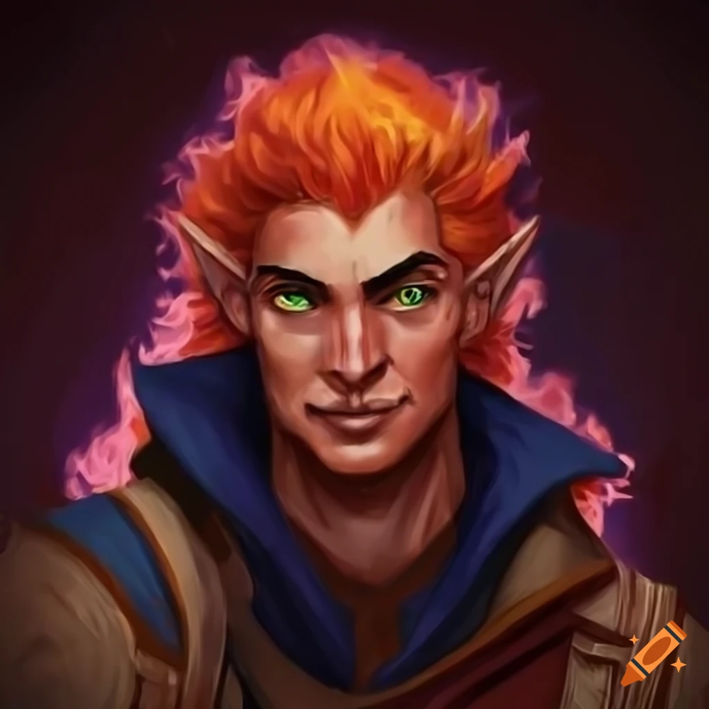 Sly male d&d character with fiery hair