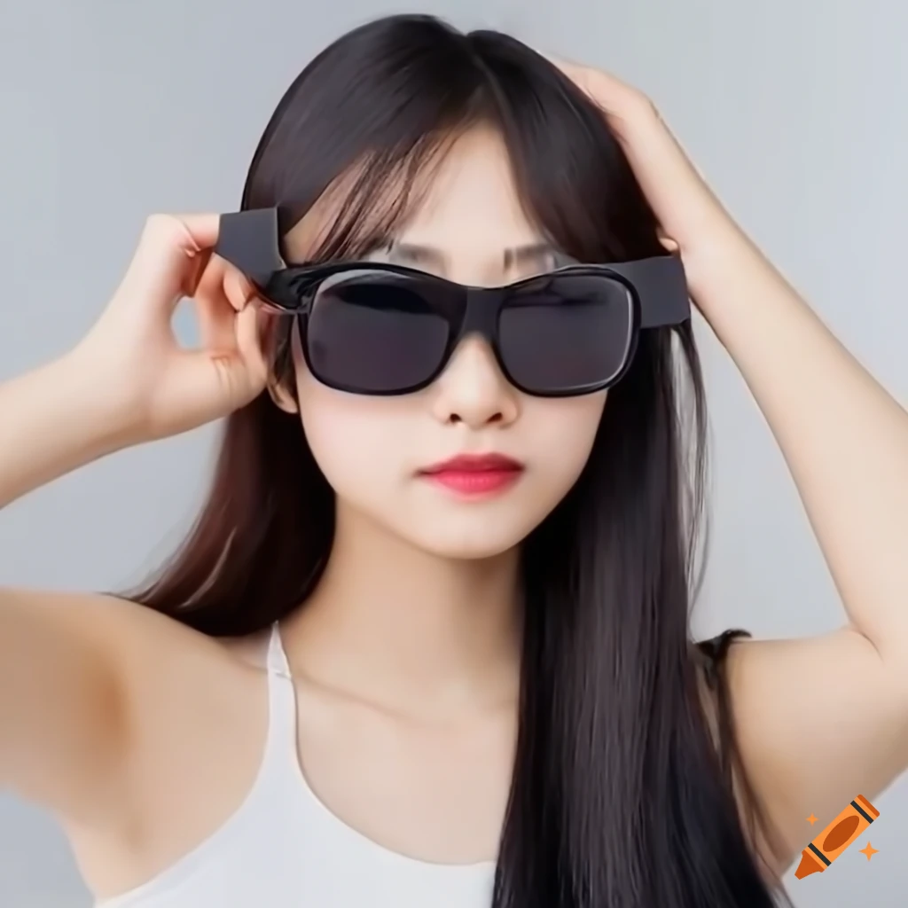 Beautiful japanese woman with sunglasses in symmetrical passport photo